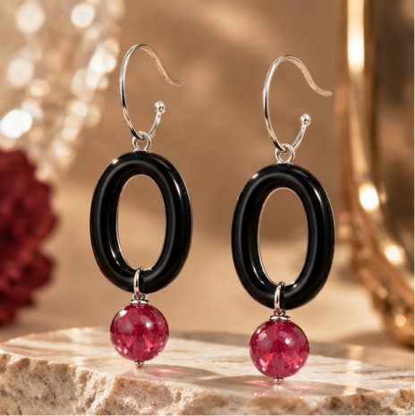 Black Oval Ruby Drop Earrings