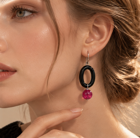 Black Oval Ruby Drop Earrings