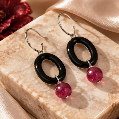 Black Oval Ruby Drop Earrings