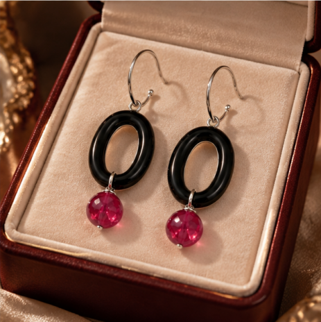 Black Oval Ruby Drop Earrings