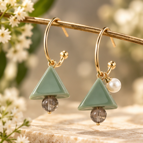 Sage Green Triangle Pearl Drop Earrings