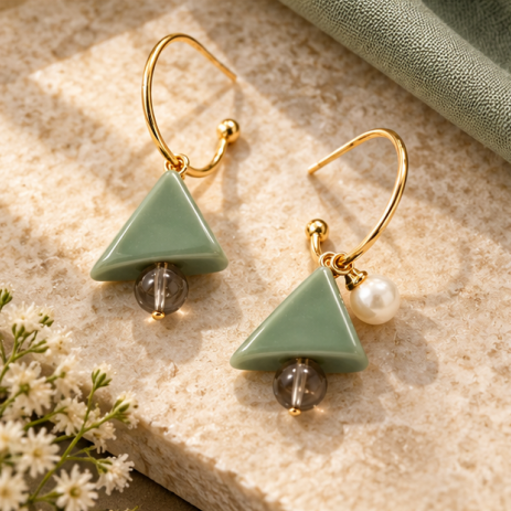 Sage Green Triangle Pearl Drop Earrings