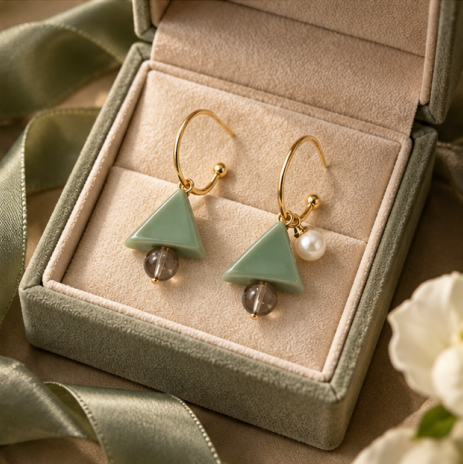 Sage Green Triangle Pearl Drop Earrings
