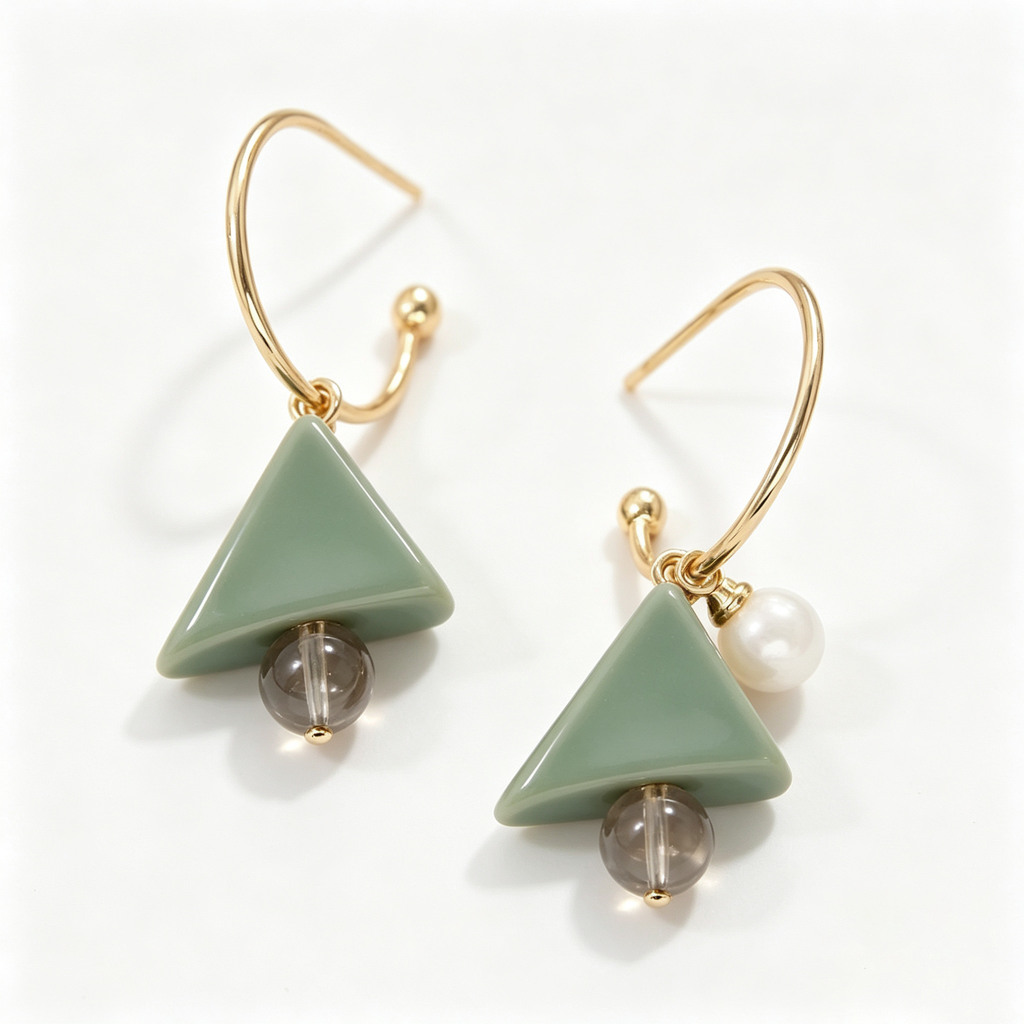 Sage Green Triangle Pearl Drop Earrings