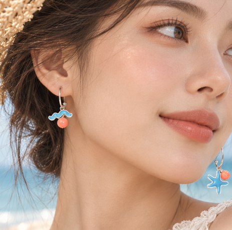 Ocean Blue Starfish Coral Charm Drop Earrings