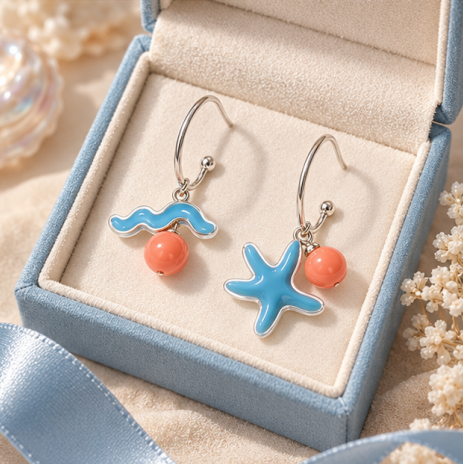 Ocean Blue Starfish Coral Charm Drop Earrings