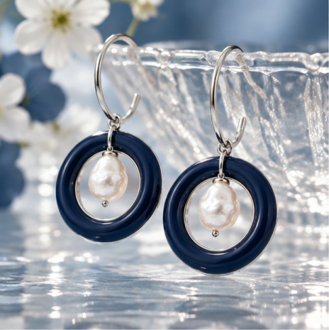 Navy Blue Pearl Circle Drop Earrings