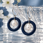 Navy Blue Pearl Circle Drop Earrings