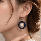Navy Blue Pearl Circle Drop Earrings