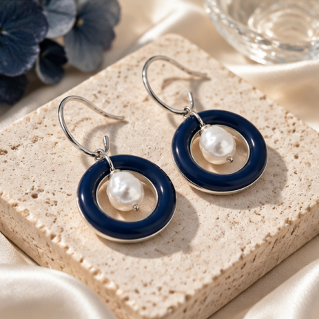 Navy Blue Pearl Circle Drop Earrings