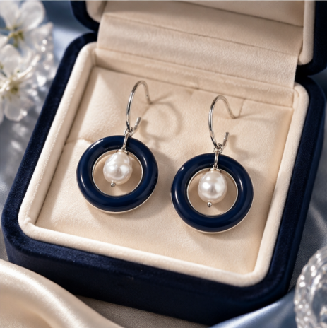 Navy Blue Pearl Circle Drop Earrings