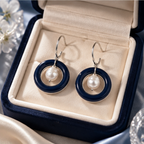 Navy Blue Pearl Circle Drop Earrings