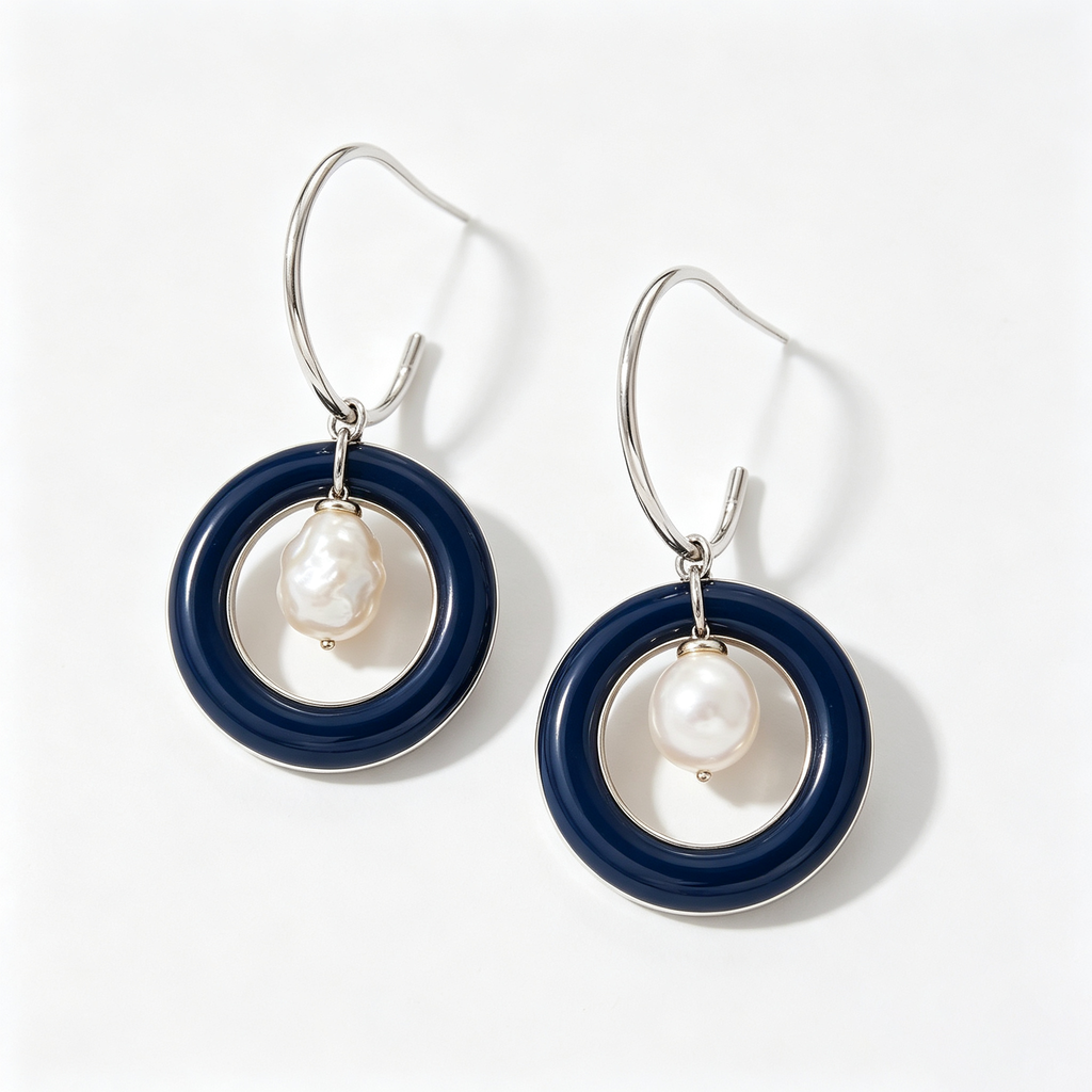 Navy Blue Pearl Circle Drop Earrings