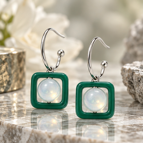 Emerald Square Moonstone Drop Earrings