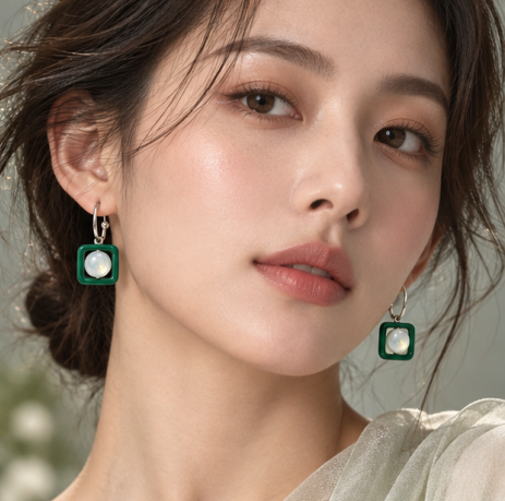 Emerald Square Moonstone Drop Earrings