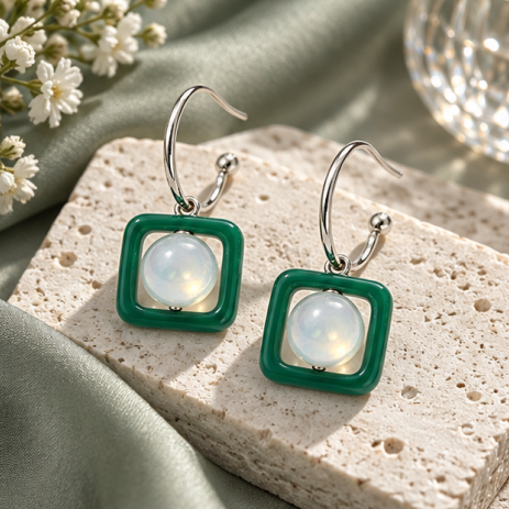 Emerald Square Moonstone Drop Earrings