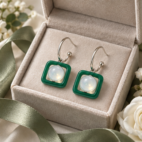 Emerald Square Moonstone Drop Earrings