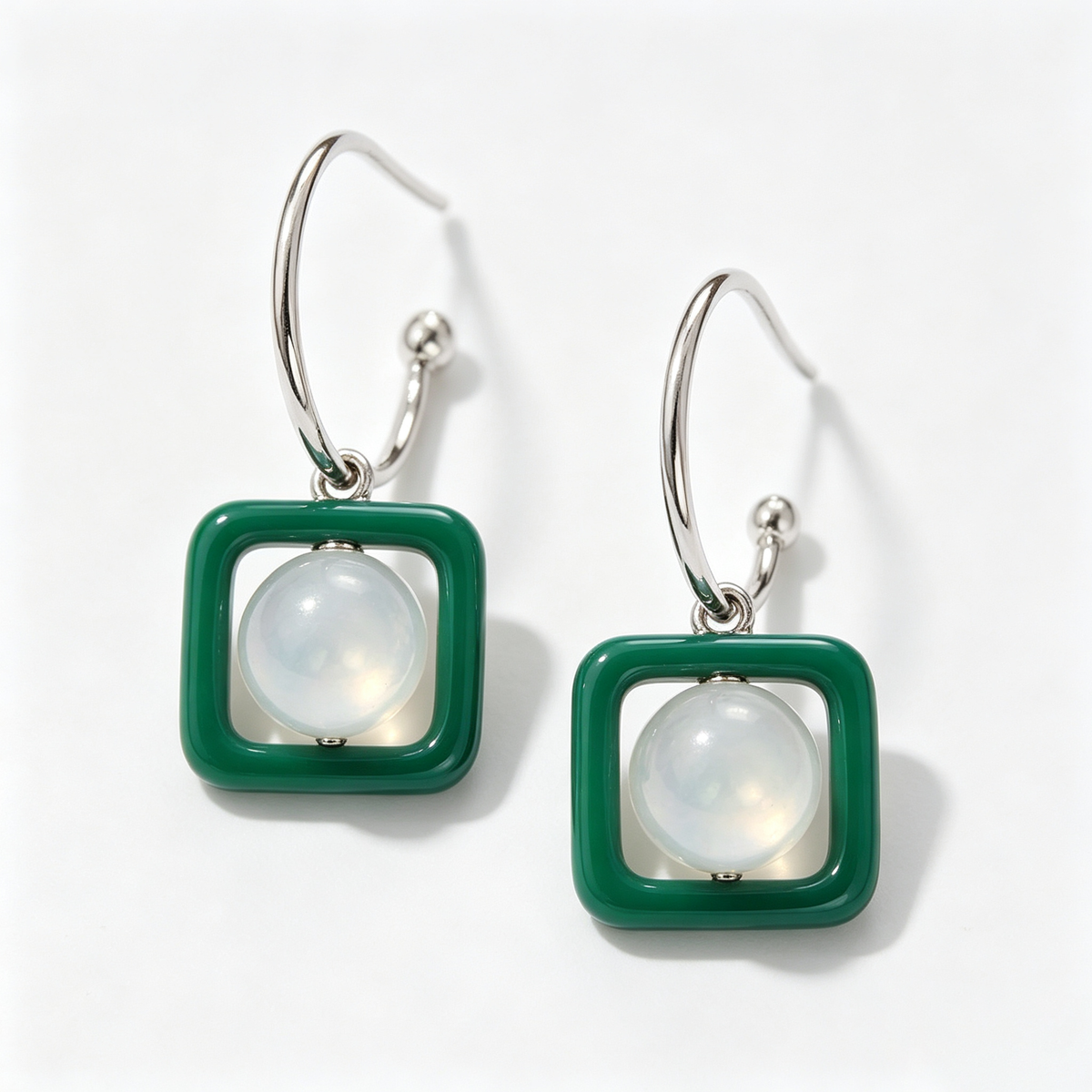 Emerald Square Moonstone Drop Earrings