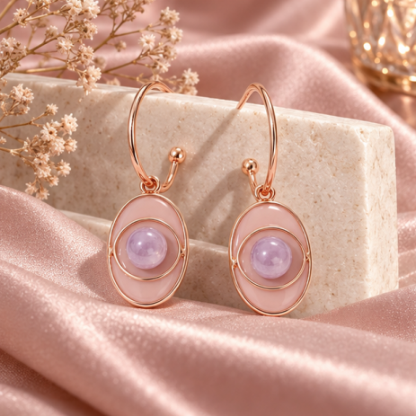 Rose Gold Oval Amethyst Charm Drop Earrings