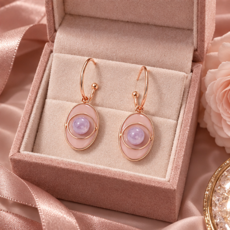 Rose Gold Oval Amethyst Charm Drop Earrings