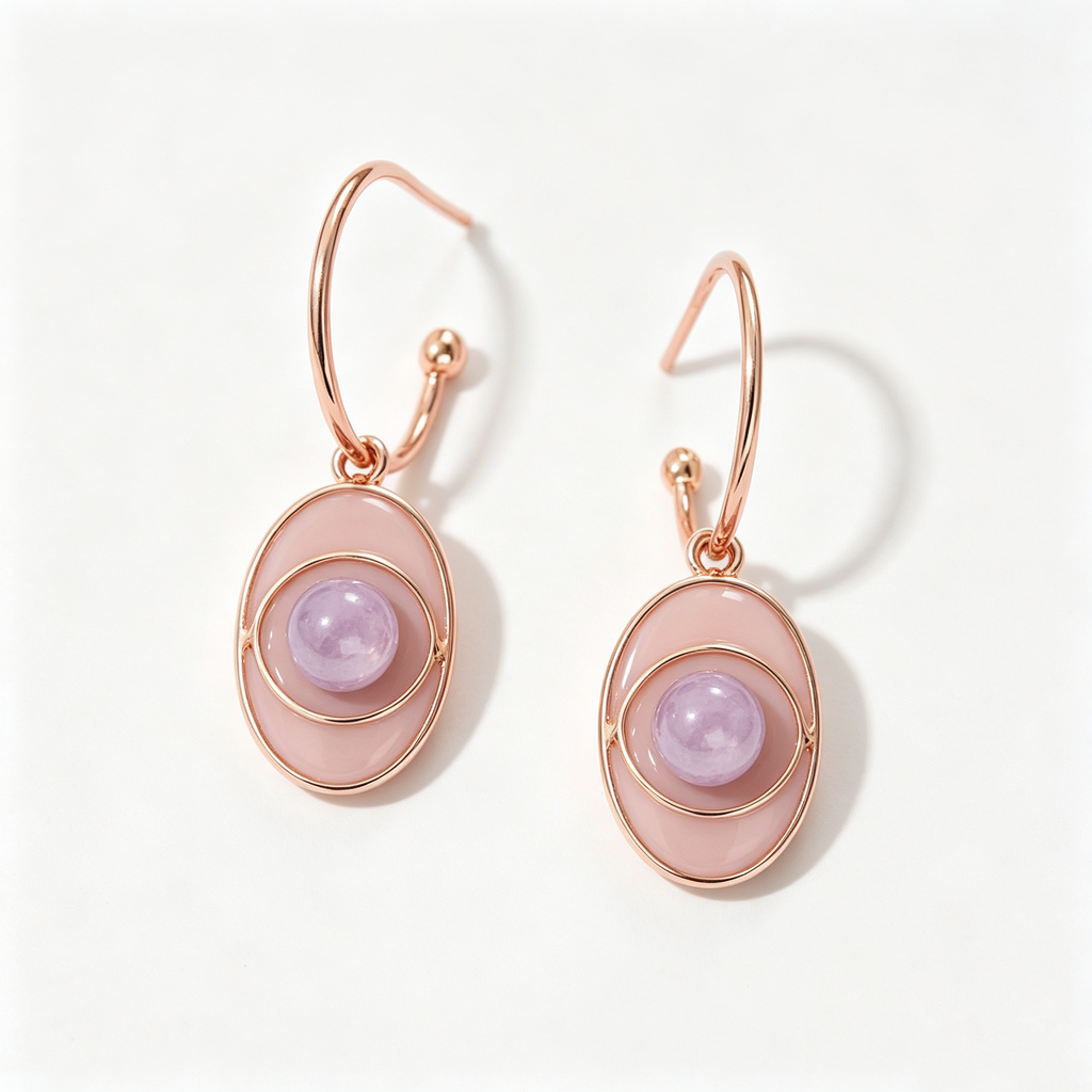 Rose Gold Oval Amethyst Charm Drop Earrings