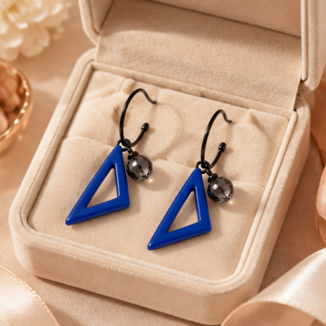 Blue Triangle Crystal Charm Drop Earrings