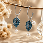 Blue Leaf Pearl Charm Drop Earrings