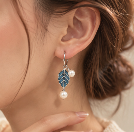 Blue Leaf Pearl Charm Drop Earrings