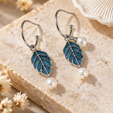 Blue Leaf Pearl Charm Drop Earrings