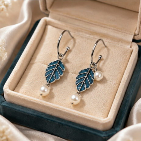 Blue Leaf Pearl Charm Drop Earrings