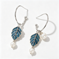 Blue Leaf Pearl Charm Drop Earrings