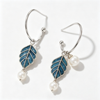 Blue Leaf Pearl Charm Drop Earrings