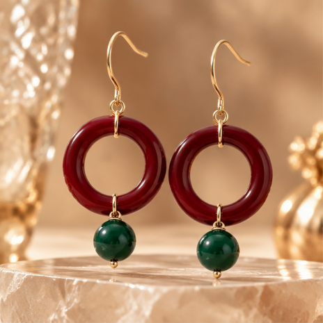 Burgundy Circle Jade Charm Drop Earrings