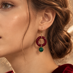 Burgundy Circle Jade Charm Drop Earrings