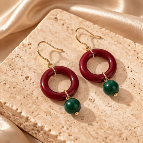 Burgundy Circle Jade Charm Drop Earrings