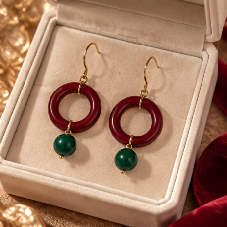 Burgundy Circle Jade Charm Drop Earrings
