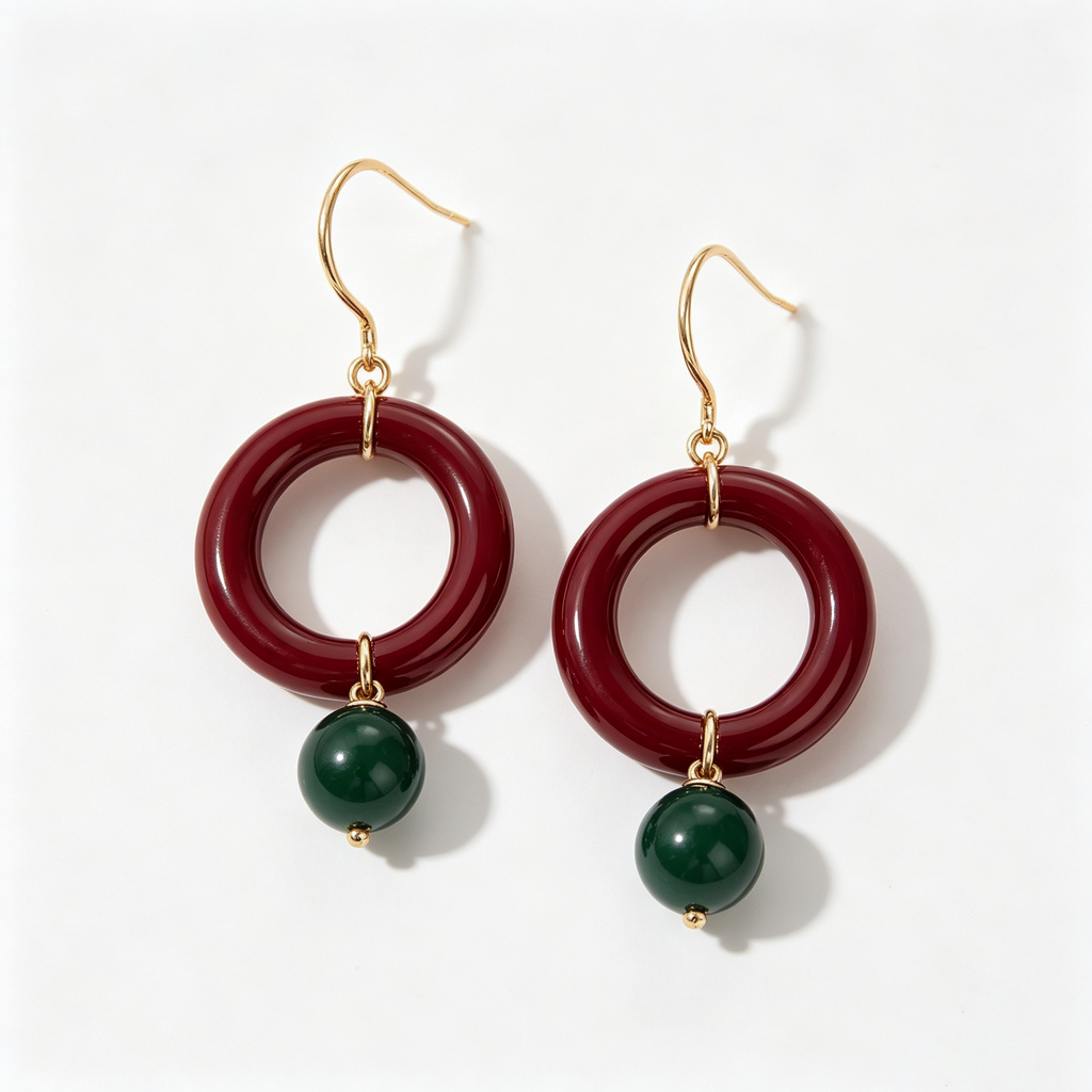 Burgundy Circle Jade Charm Drop Earrings