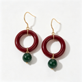 Burgundy Circle Jade Charm Drop Earrings