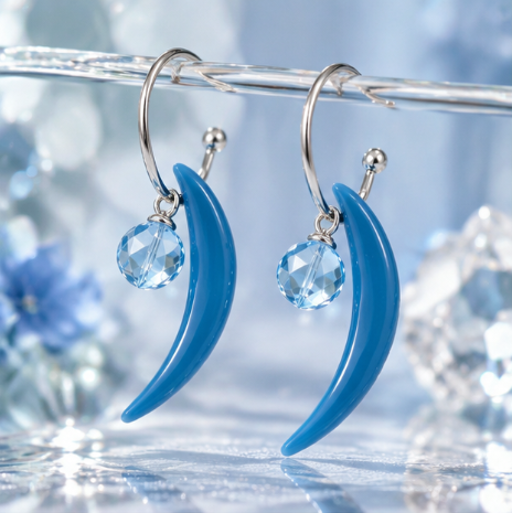 Blue Crescent Crystal Drop Earrings