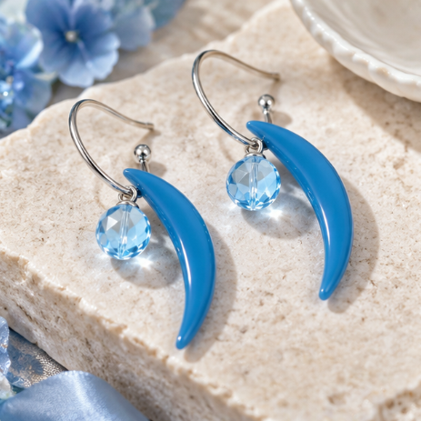 Blue Crescent Crystal Drop Earrings