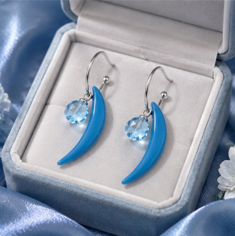 Blue Crescent Crystal Drop Earrings