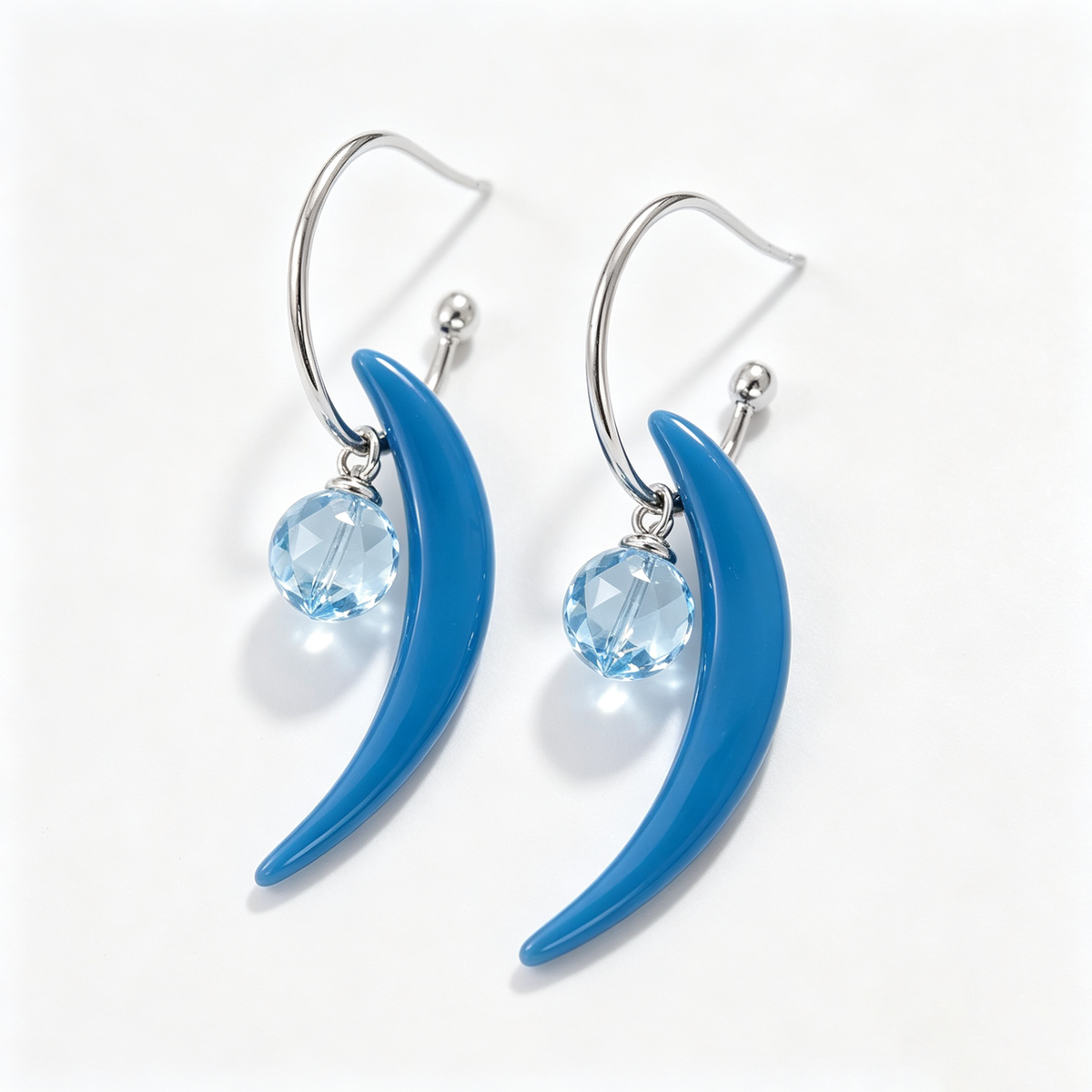Blue Crescent Crystal Drop Earrings